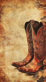 Weathered cowboy boots rest against a rustic vintage wall