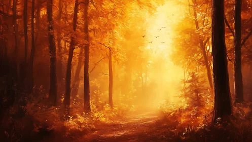 Sunlit autumn forest path glows through golden haze.