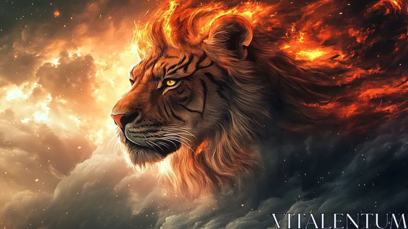Fiery celestial lion emerges from glowing storm clouds.