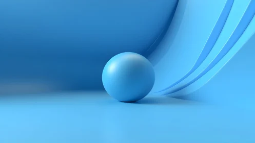 Matte blue 3D sphere resting before curved layered backdrop surfaces
