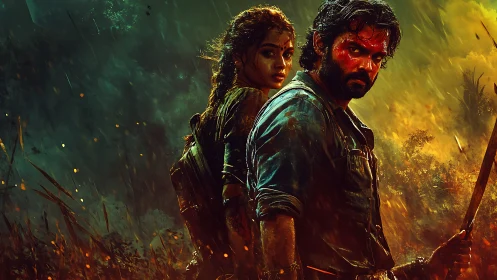 Warrior couple stand defiant amid burning jungle storm.