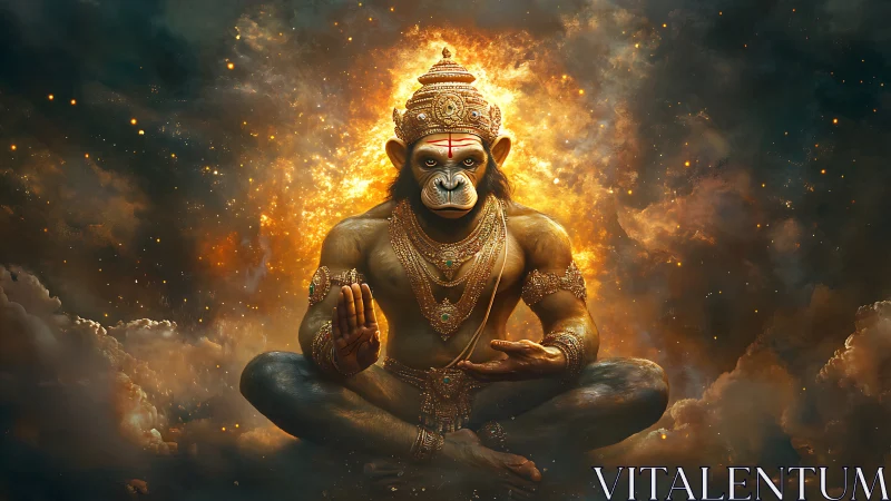 Divine simian warrior meditates in blazing celestial light