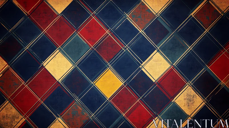 Geometric diagonal grid with multicolored textured squares.