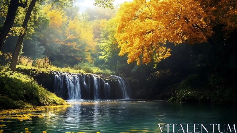Sunlit autumn waterfall spills into tranquil forest pool