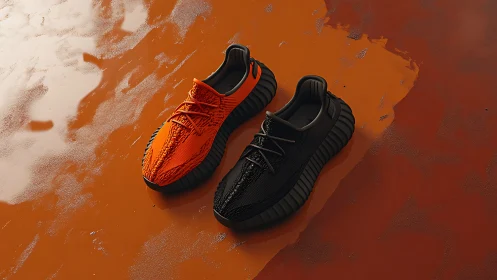 Orange and black sneakers on glossy textured orange ground.