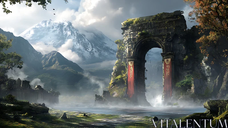 Mist-cloaked mountain gate brooding over forgotten waters.