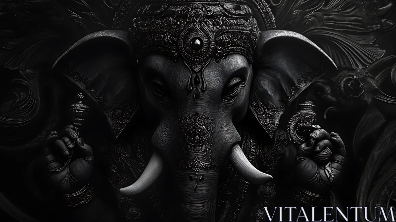 Ornate elephant deity in dark monochrome relief rendering.