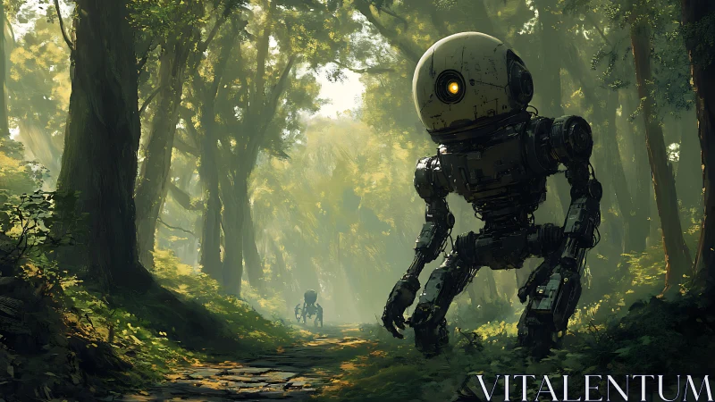 Bipedal reconnaissance robot walking through dense sunlit forest