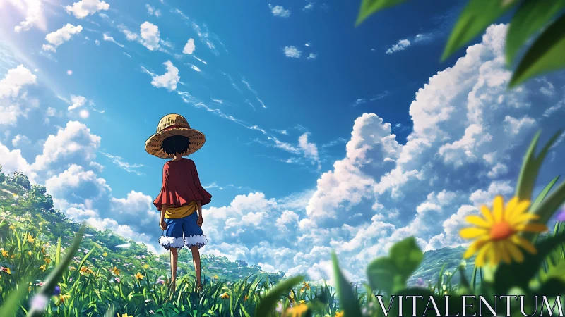 Straw-hatted wanderer gazing at vast summer skyscape.