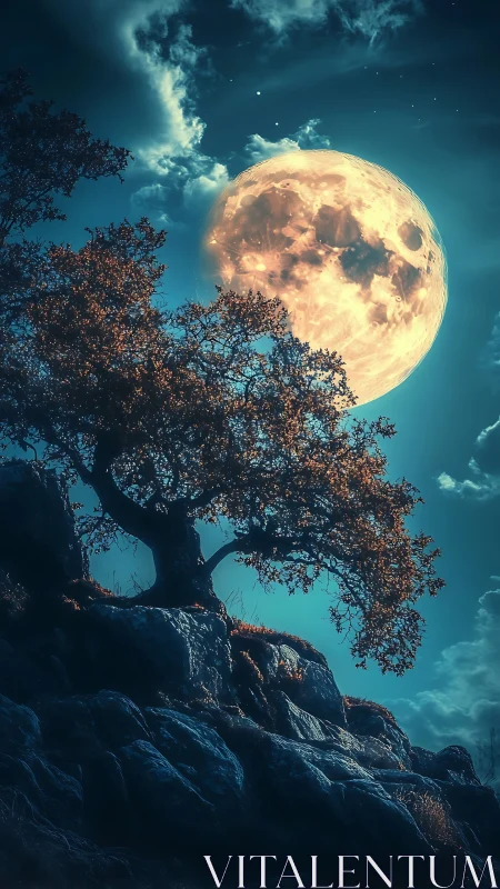 Moonlit oak leans into a huge glowing sky lantern