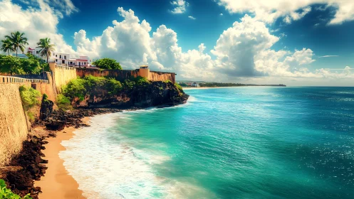 Sunlit coastal bastion above turquoise Caribbean shoreline