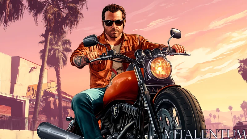 Biker rides custom motorcycle through neon sunset boulevard.