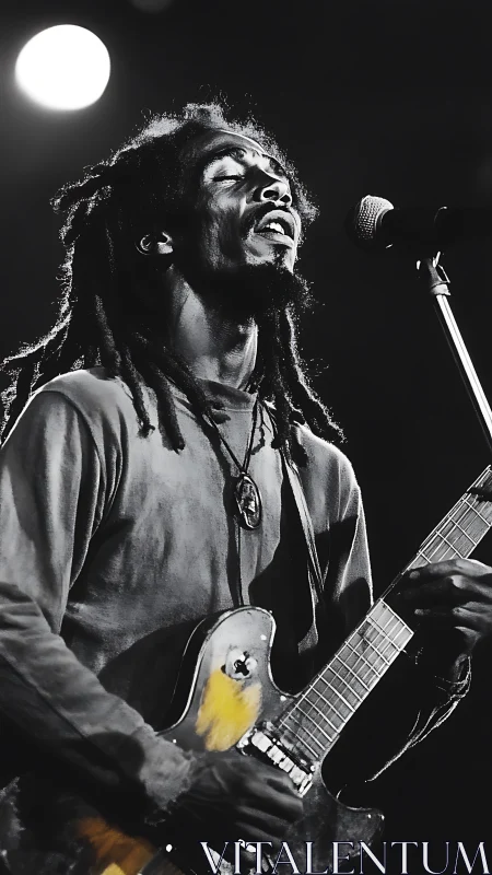 Moonlit dreadlocked guitarist pouring soul into the mic.
