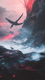 Soaring raven over infernal shoreline under crimson haze.