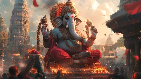 Ganesha statue dominates vibrant temple festival scene.