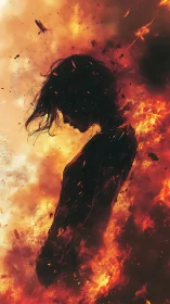 Silhouetted figure dissolves amid explosive fire and falling debris.