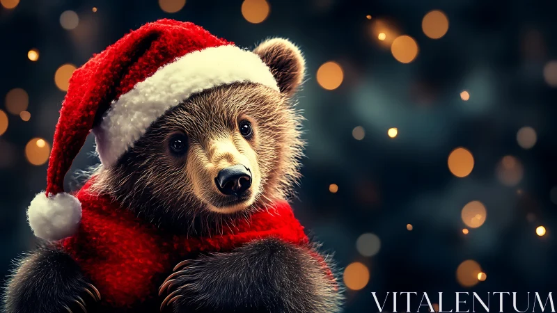 Photorealistic brown bear cub in red Santa costume, bokeh lights