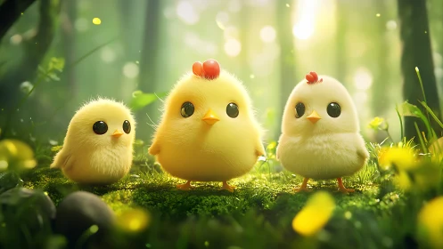 Three Fluffy Chicks Discover Spring's Glowing Forest Wonderland