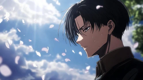 Anime man under bright sky with petals and sweat.
