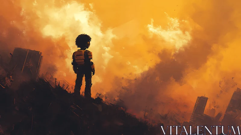 Solitary child explorer surveys burning postwar cityscape.