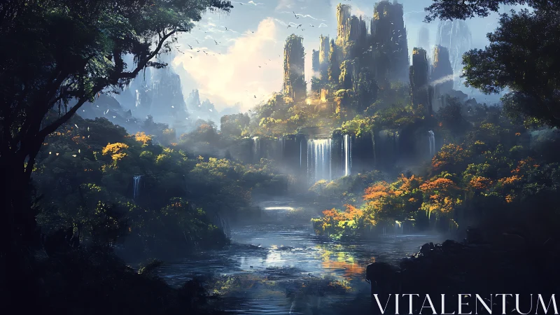 Mythic waterfall citadel in luminous forest valley panorama.