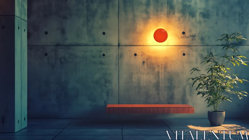 Minimalist Interior with Golden Sun Rising Over Red Bench.