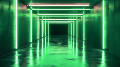Neon green tunnel extends with reflective floor and light bars