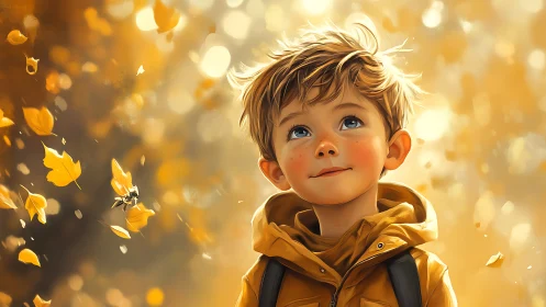 Young boy in golden autumn with falling leaves