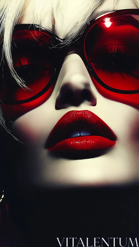 Crimson shades and glossy lips in a bold urban closeup.
