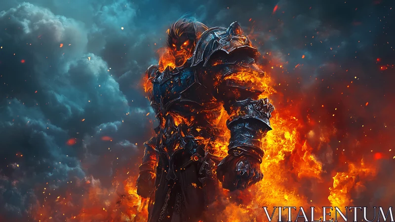Armored fiery humanoid figure in stormy cloud environment.