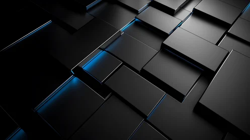Futuristic black 3D geometric blocks with blue neon highlights.