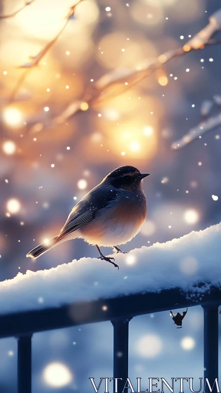 Small Bird Perched on Snowy Ledge with Bokeh Lights