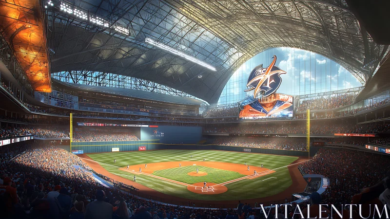 Retractable-roof baseball stadium interior under dynamic game lighting