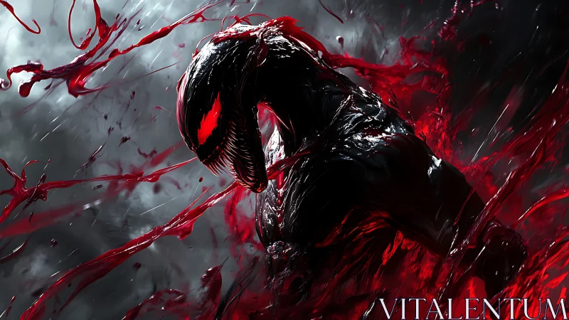 Digital painting of feral symbiotic entity in red kinetic eruption.