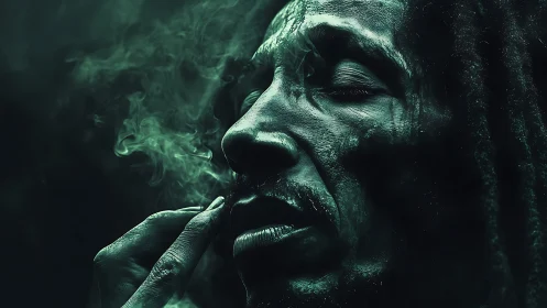 Quiet green-lit portrait of a contemplative man in smoke.