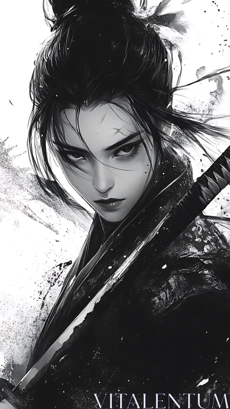 Samurai woman holds katana in high contrast ink style
