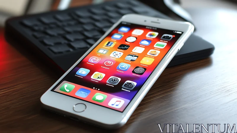 Modern iPhone displays colorful app icons and interface.