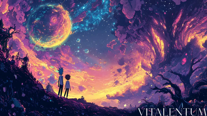 Cosmic landscape with two figures under vast nebula sky.