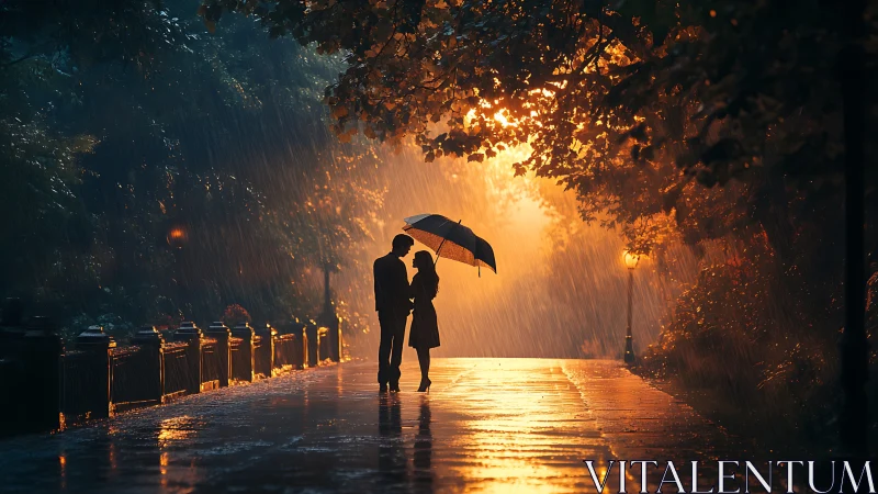 Silhouetted couple sharing umbrella beneath golden rain and amber foliage