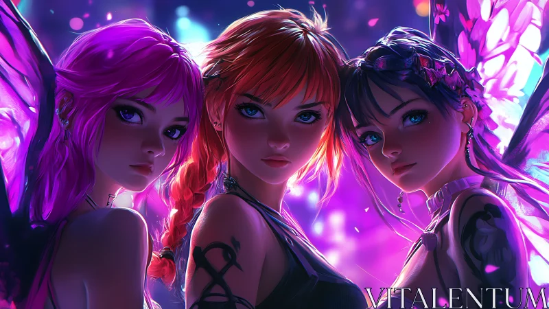 Three neon-lit anime girls with glowing fantasy wings.