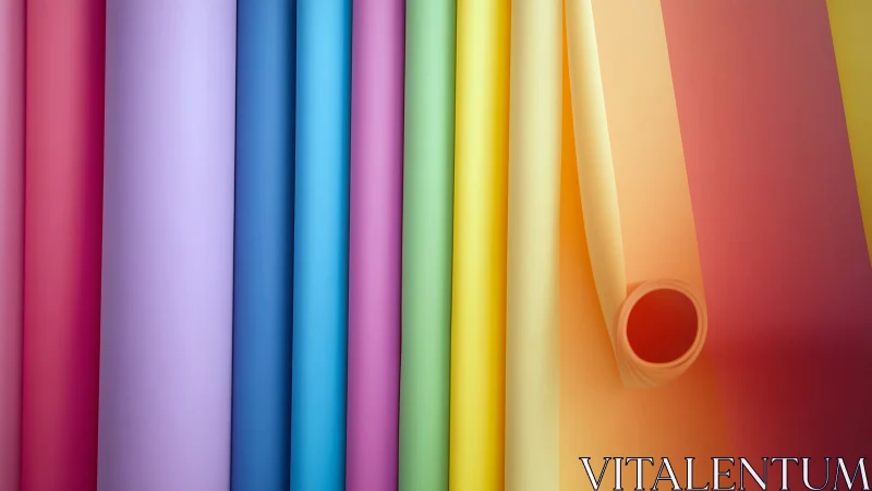Rolled rainbow papers line up in soft, candy-bright harmony.