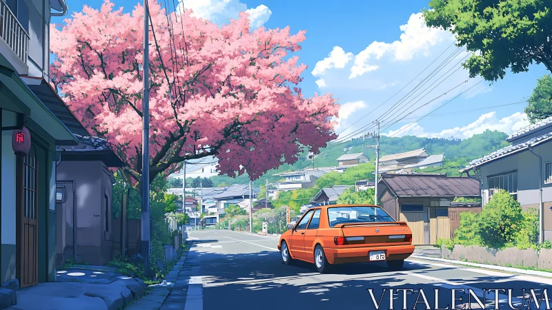 Orange car passes cherry blossoms on a calm spring street.