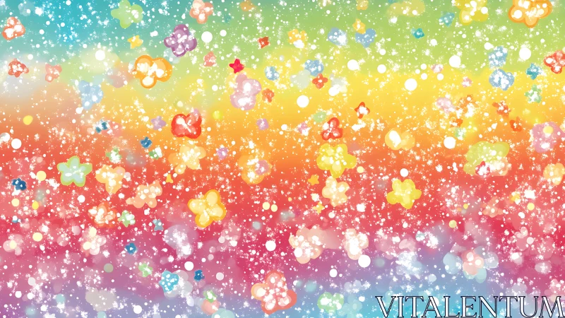 Iridescent floral particles scatter across a rainbow gradient field