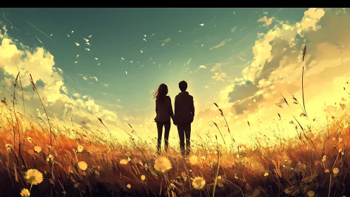 Two figures stand silhouetted in golden field at sunset.