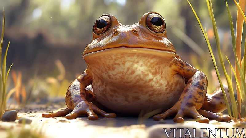 Sunlit forest frog resting in a golden afternoon glow.