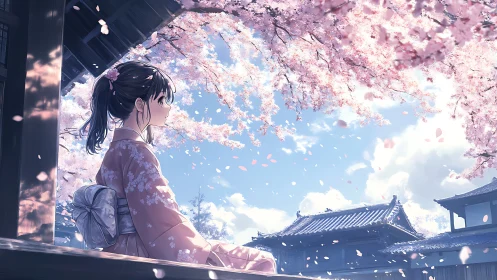 Anime spring portrait under cascading sakura canopy in profile.