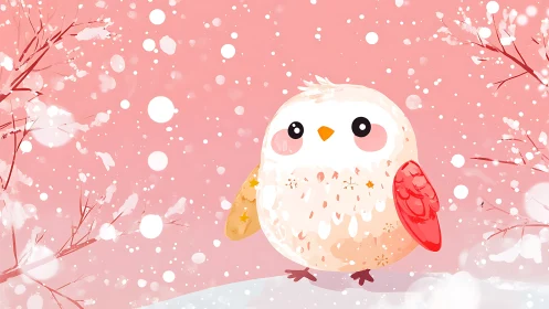 Round stylized owl stands on snowy ground in pink snowfall