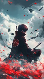 Anime warrior silhouette in storm of red petals composition.