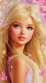 Blonde girl portrait in pink floral and butterfly scene.