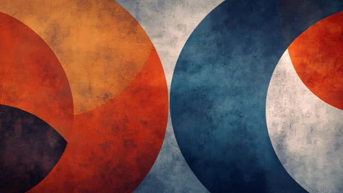 Geometric color-field arcs with distressed texture overlay.